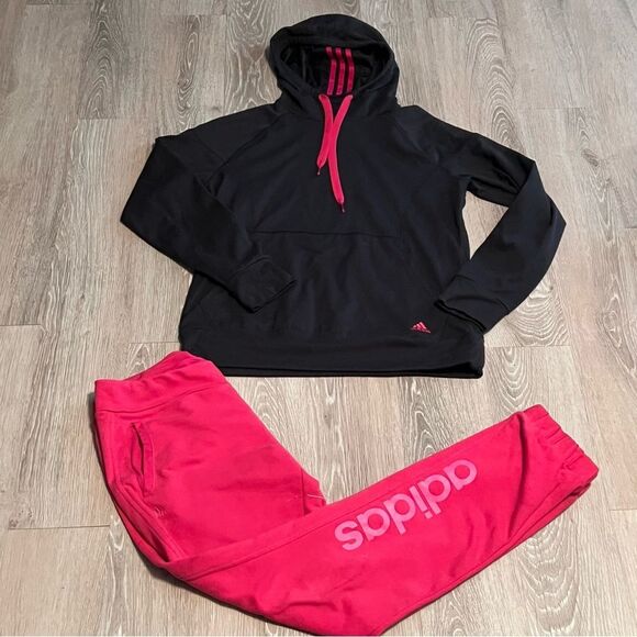 Y2K Adidas Black Pink Fleece Sweatshirt Hoodie L - Picture 3 of 8